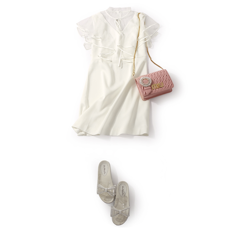 Solid Color Floral Mesh Ruffled Waist Dress with Stand Collar and Diamond Embellishments - Summer 90s Inspired Fashion