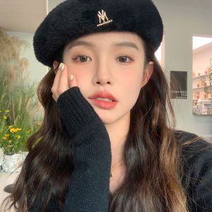 Solid Color Mink Fur Beret for Women - Plush Winter Painter Hat 2024, Face-Shaping Design, Trendy Y2K Fashion Accessory