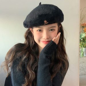 Solid Color Mink Fur Beret for Women - Plush Winter Painter Hat 2024, Face-Shaping Design, Trendy Y2K Fashion Accessory