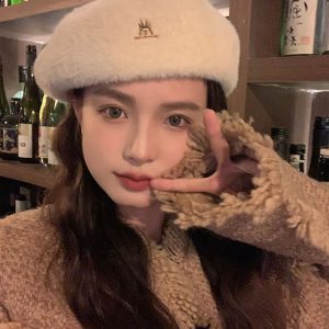 Solid Color Mink Fur Beret for Women - Plush Winter Painter Hat 2024, Face-Shaping Design, Trendy Y2K Fashion Accessory