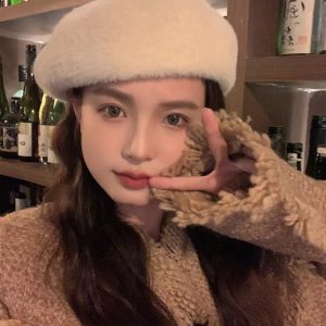 Solid Color Mink Fur Beret for Women - Plush Winter Painter Hat 2024, Face-Shaping Design, Trendy Y2K Fashion Accessory