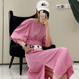 Solid Color Pleated Waist-Defined Puff Sleeve Side Split Mid-Length Casual Slim Dress for Women - European Summer Style