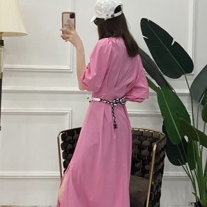 Solid Color Pleated Waist-Defined Puff Sleeve Side Split Mid-Length Casual Slim Dress for Women - European Summer Style
