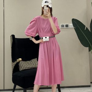 Solid Color Pleated Waist-Defined Puff Sleeve Side Split Mid-Length Casual Slim Dress for Women - European Summer Style