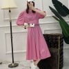 Solid Color Pleated Waist-Defined Puff Sleeve Side Split Mid-Length Casual Slim Dress for Women - European Summer Style