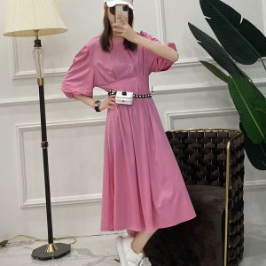 Solid Color Pleated Waist-Defined Puff Sleeve Side Split Mid-Length Casual Slim Dress for Women - European Summer Style