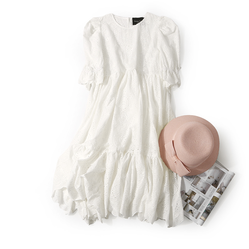 Solid Color Round Neck Hollow Embroidery Pleated Mid-Length Casual Dress for Women - Summer Fashion, European Style, Elegant Look