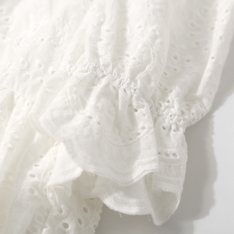 Solid Color Round Neck Hollow Embroidery Pleated Mid-Length Casual Dress for Women - Summer Fashion, European Style, Elegant Look