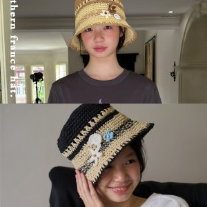 South France Garden Color-Block Woven Sun Hat - Vacation-Ready Hollow Design for Sun Protection