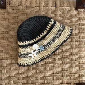 South France Garden Color-Block Woven Sun Hat - Vacation-Ready Hollow Design for Sun Protection
