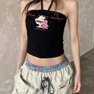 Spicy American-Style Strapless Tie-Back Tank Top - Fun Printed Halter Sleeveless Summer Trend for Bold Fashionistas