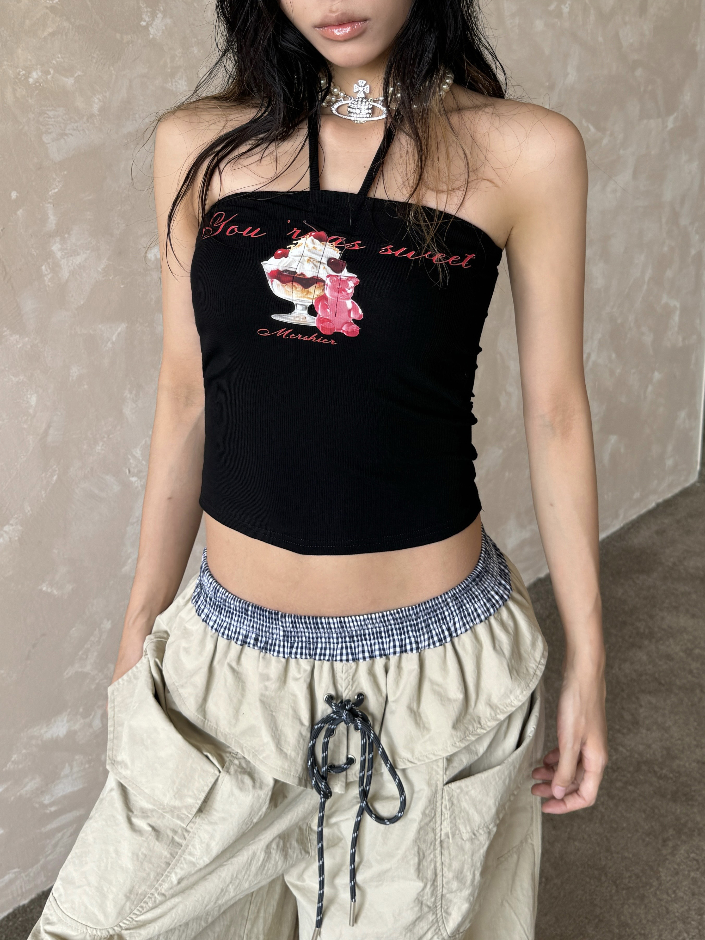 Spicy American-Style Strapless Tie-Back Tank Top - Fun Printed Halter Sleeveless Summer Trend for Bold Fashionistas
