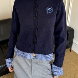 Spicy College Style Knitted Cardigan Sweater - Loose Fit, Spliced Two-Piece for Autumn/Winter Fashion