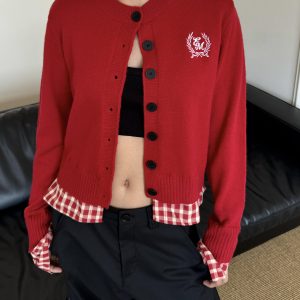 Spicy College Style Knitted Cardigan Sweater - Loose Fit, Spliced Two-Piece for Autumn/Winter Fashion