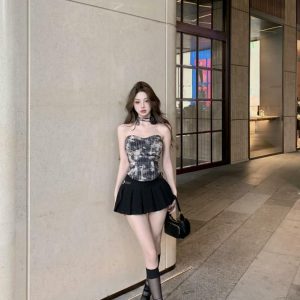 Spicy Girl Plaid Strapless Tank Top with Three-Dimensional Flowers - Summer Slim Fit Irregular Short Outerwear for Women