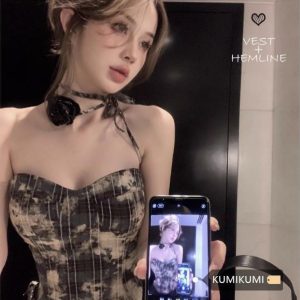 Spicy Girl Plaid Strapless Tank Top with Three-Dimensional Flowers - Summer Slim Fit Irregular Short Outerwear for Women