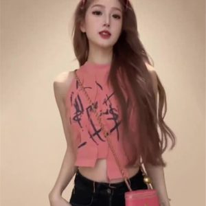 Spicy Girl Printed Asymmetrical Camisole for Women - Summer Slim Fit Sleeveless Top, Trendy American Style