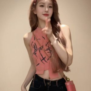 Spicy Girl Printed Asymmetrical Camisole for Women - Summer Slim Fit Sleeveless Top, Trendy American Style