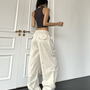 Spicy Heatstroke American Street Style Bow Tie Embroidered Cargo Pants with Pleats, Loose Wide-Leg Ground-Dragging Paratrooper Design