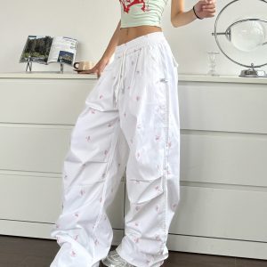 Spicy Heatstroke American Street Style Bow Tie Embroidered Cargo Pants with Pleats, Loose Wide-Leg Ground-Dragging Paratrooper Design