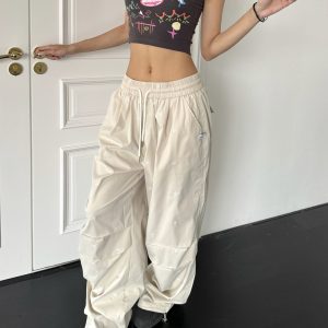 Spicy Heatstroke American Street Style Bow Tie Embroidered Cargo Pants with Pleats, Loose Wide-Leg Ground-Dragging Paratrooper Design