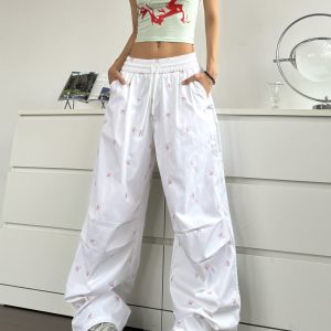 Spicy Heatstroke American Street Style Bow Tie Embroidered Cargo Pants with Pleats, Loose Wide-Leg Ground-Dragging Paratrooper Design