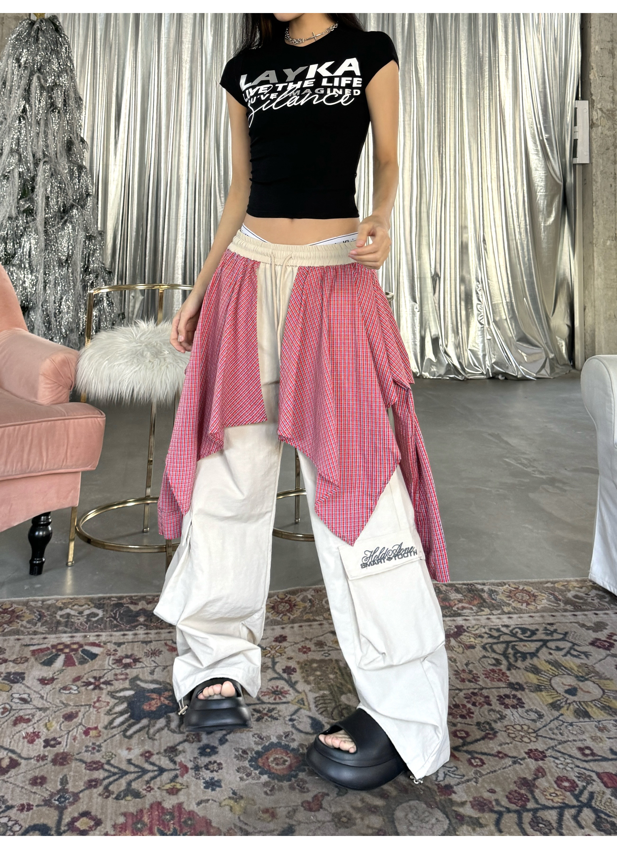 Spicy Heatstroke Vintage Plaid Spliced Wide-Leg Pants - Casual Hip-Hop Street Style Loose Fit
