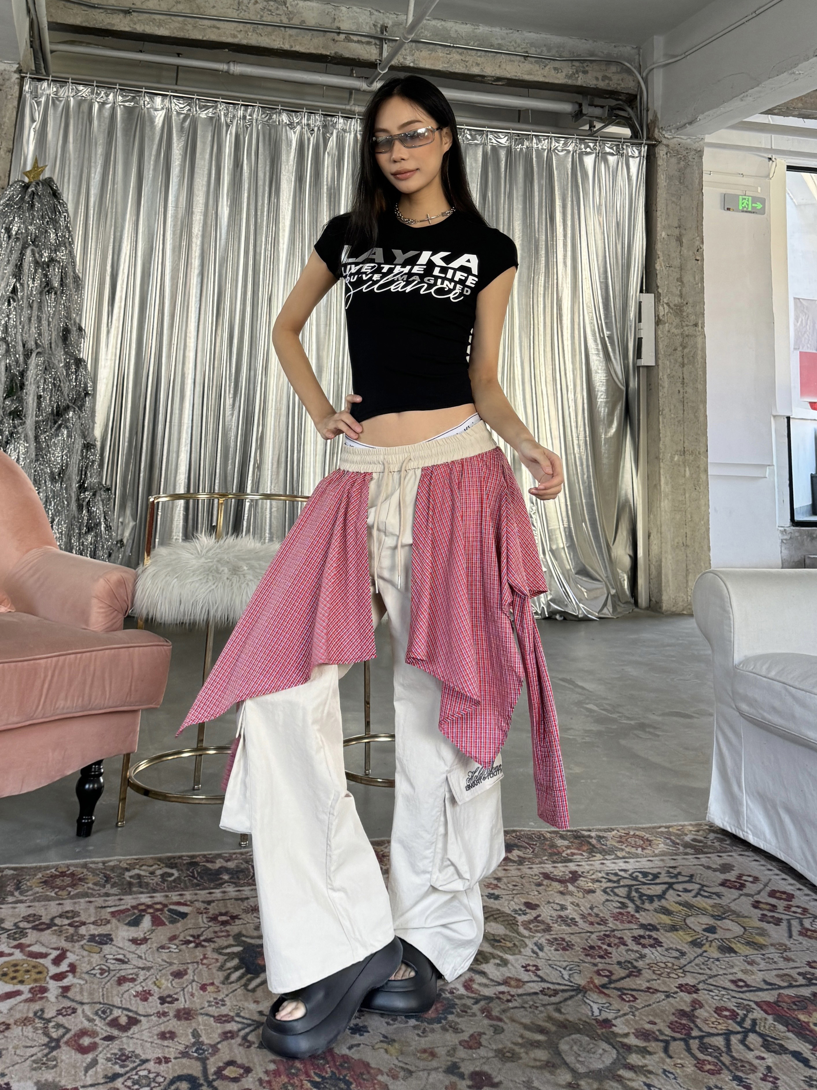Spicy Heatstroke Vintage Plaid Spliced Wide-Leg Pants - Casual Hip-Hop Street Style Loose Fit