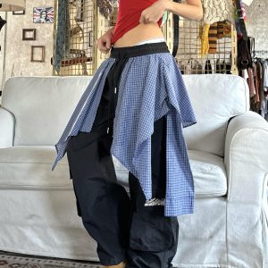 Spicy Heatstroke Vintage Plaid Spliced Wide-Leg Pants - Casual Hip-Hop Street Style Loose Fit