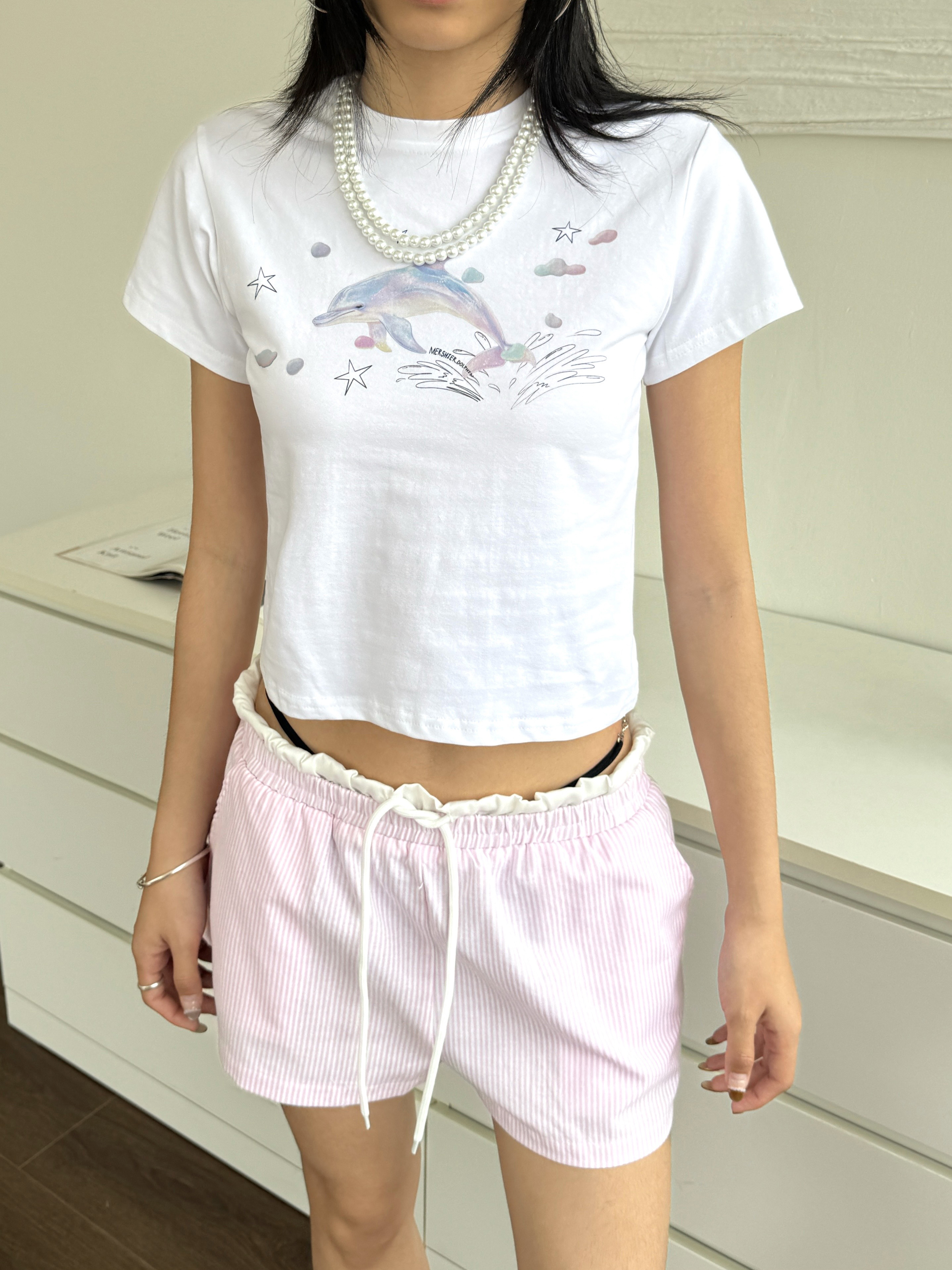 Spicy Summer Dolphin Print Short Sleeve T-Shirt - Slim Fit Cropped Top for Hot Girl Style
