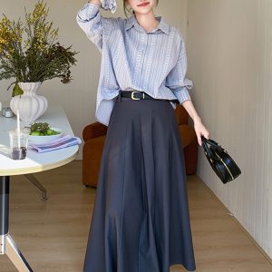 Spring 2025 Striped Shirt and Skirt Two-Piece Set for Women, Elegant Korean Style, High-Quality Fashion Outfit