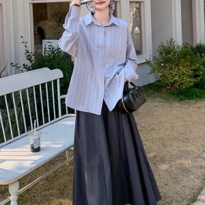 Spring 2025 Striped Shirt and Skirt Two-Piece Set for Women, Elegant Korean Style, High-Quality Fashion Outfit
