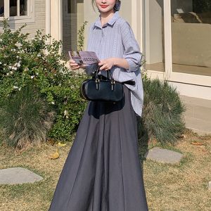 Spring 2025 Striped Shirt and Skirt Two-Piece Set for Women, Elegant Korean Style, High-Quality Fashion Outfit