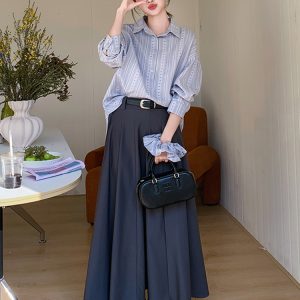 Spring 2025 Striped Shirt and Skirt Two-Piece Set for Women, Elegant Korean Style, High-Quality Fashion Outfit