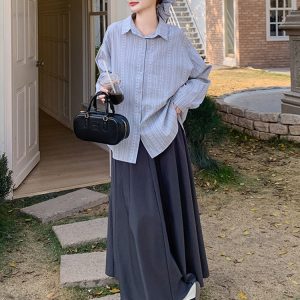 Spring 2025 Striped Shirt and Skirt Two-Piece Set for Women, Elegant Korean Style, High-Quality Fashion Outfit