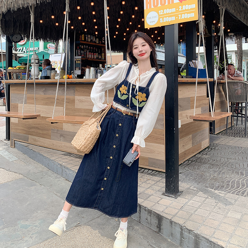 Spring 2025 Women's Three-Piece Outfit Set - Trendy National Style Embroidered Denim Vest Dress - Street Style Chic
