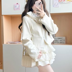 Spring College Style JK Uniform Coat with Bowknot and Cake Skirt - Women's Pudding Bear Inspired Little Chanel Look