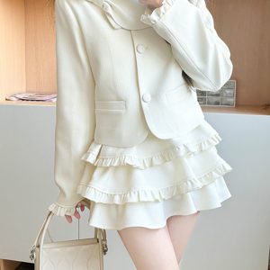 Spring College Style JK Uniform Coat with Bowknot and Cake Skirt - Women's Pudding Bear Inspired Little Chanel Look