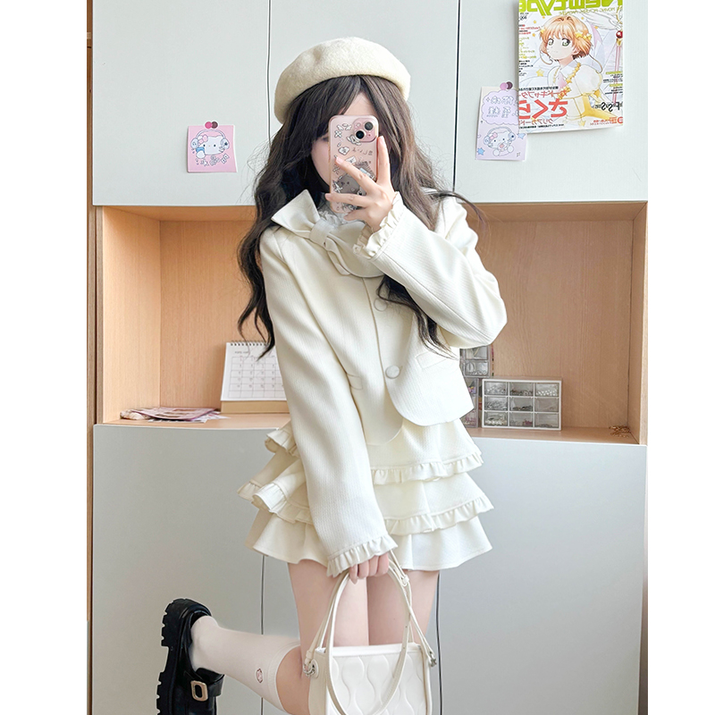 Spring College Style JK Uniform Coat with Bowknot and Cake Skirt - Women's Pudding Bear Inspired Little Chanel Look