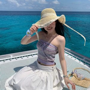 Spring Floral Jacquard Thin Knit Bustier with Small Bag - 9 Colors, Y2K Style, Perfect for 90s Fashion Lovers