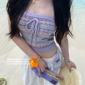 Spring Floral Jacquard Thin Knit Bustier with Small Bag - 9 Colors, Y2K Style, Perfect for 90s Fashion Lovers