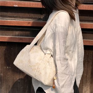 Spring Summer Linen Boston Bag - Large Capacity Chinese Style Niche Shoulder Bag