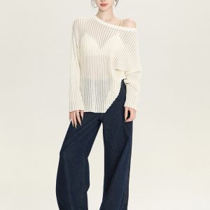 Spring Summer Striped Sheer Long Sleeve Sweater Top - Loose Slimming Paper Doll Design