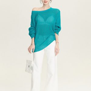Spring Summer Striped Sheer Long Sleeve Sweater Top - Loose Slimming Paper Doll Design