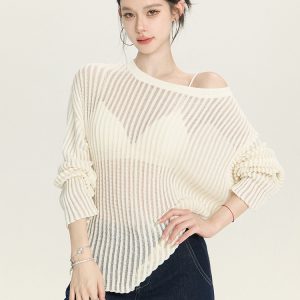 Spring Summer Striped Sheer Long Sleeve Sweater Top - Loose Slimming Paper Doll Design