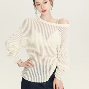 Spring Summer Striped Sheer Long Sleeve Sweater Top - Loose Slimming Paper Doll Design