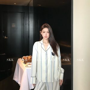 Spring Women's Urban Striped Pajama Set with Small Lapel - Comfortable Lycra Tencel Homewear for Relaxed Living