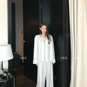 Spring Women's Urban Striped Pajama Set with Small Lapel - Comfortable Lycra Tencel Homewear for Relaxed Living