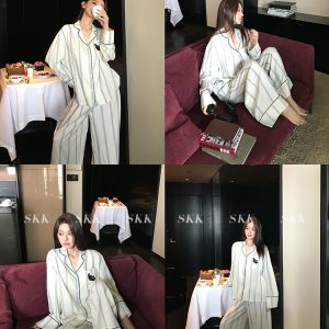 Spring Women's Urban Striped Pajama Set with Small Lapel - Comfortable Lycra Tencel Homewear for Relaxed Living