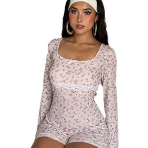 Square Collar Lace Long Sleeve Floral Print Jumpsuit - Casual Slim Fit Bodycon Shorts for Early Autumn European Style